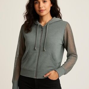Mur Mur Women's Stylish Grayish green‎ Mesh Sleeve Zip-Up Hoodie Size L